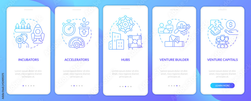 Kinds of new business support blue gradient onboarding mobile app screen. Walkthrough 5 steps graphic instructions with linear concepts. UI, UX, GUI template. Myriad Pro-Bold, Regular fonts used