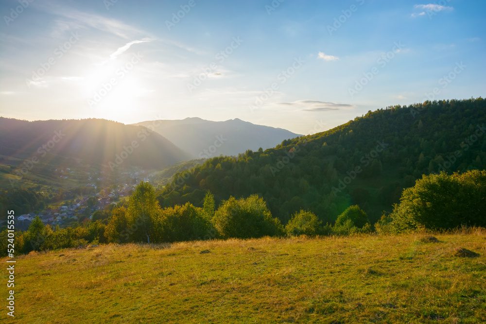 mountainous rural landscape on a sunny afternoon. forested hills and green grassy meadows in evening light. ridge in the distance. sunny weather with fluffy clouds on the bright blue sky