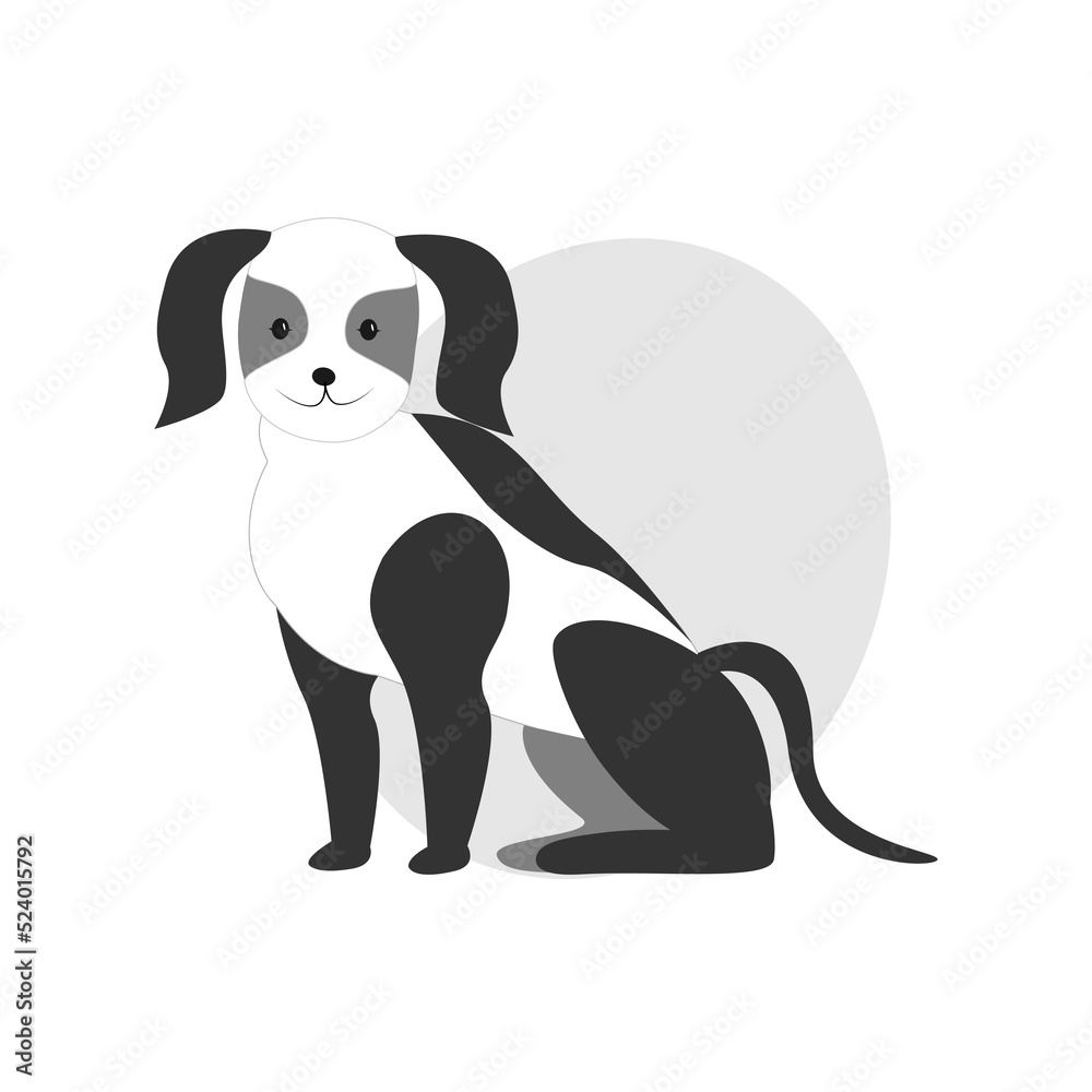 Black and white puppy, dog icon on isolated background with shadow. Flat vector. Animal protection concept.