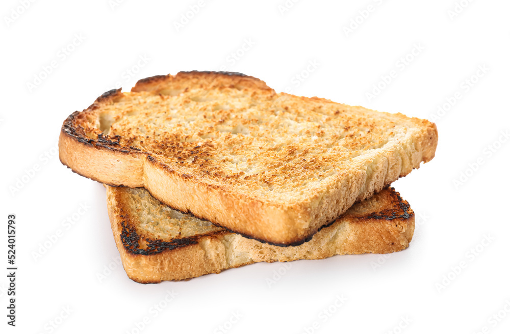 Two slices of toasted bread on white background