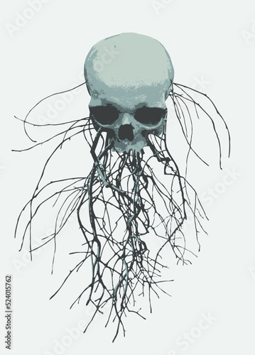 vector collage of human skull with tree roots. Creative illustration in grunge style, t-shirt print, graffiti
