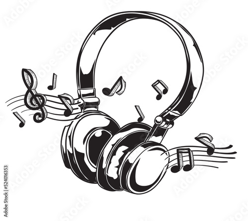 Drawn black and white musical headphones with notes