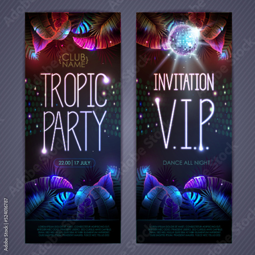 Summer tropic disco party poster with fluorescent tropic leaves and disco ball. Invitation design. Summer background. Vector illustration