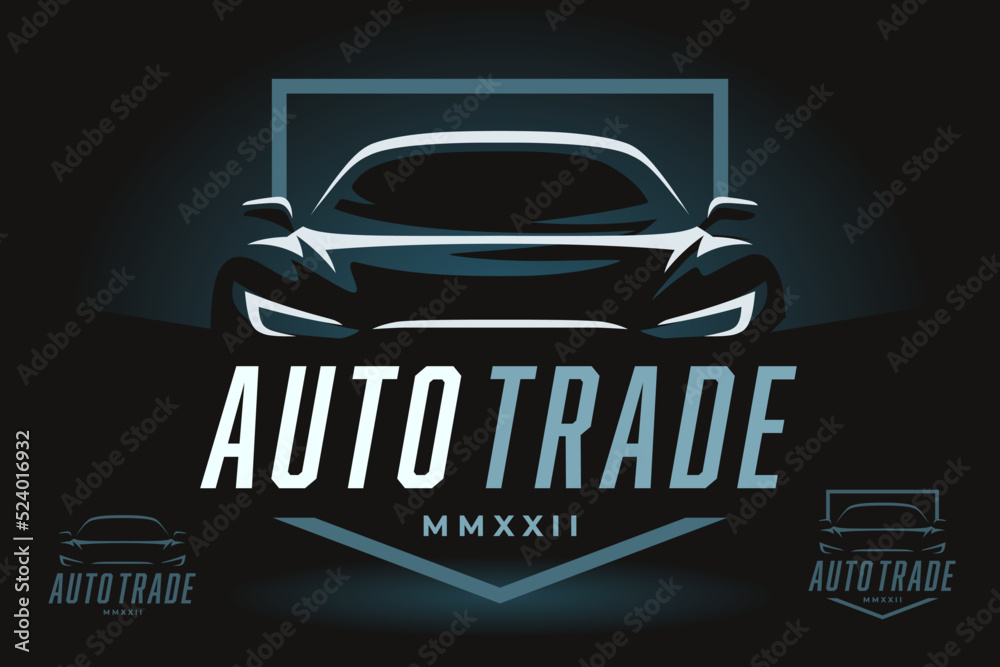 Auto trade car dealer logo emblem. Sports car silhouette shield icon