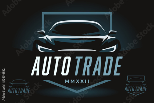 Auto trade car dealer logo emblem. Sports car silhouette shield icon. Motor vehicle dealership badge. Automotive showroom garage sign. Vector illustration.