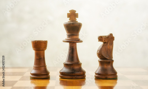 King, knight and rook on a chess board