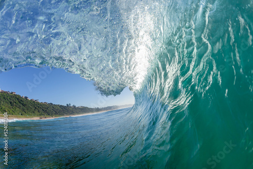 Wave Surfing Tube Ride Perspective Inside Swimming Close-Up Hollow Water.