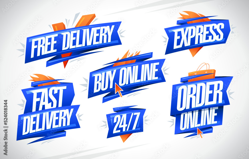 Free, fast and express delivery, buy online, order online signs set Free, fast and express delivery, buy online, order online signs set