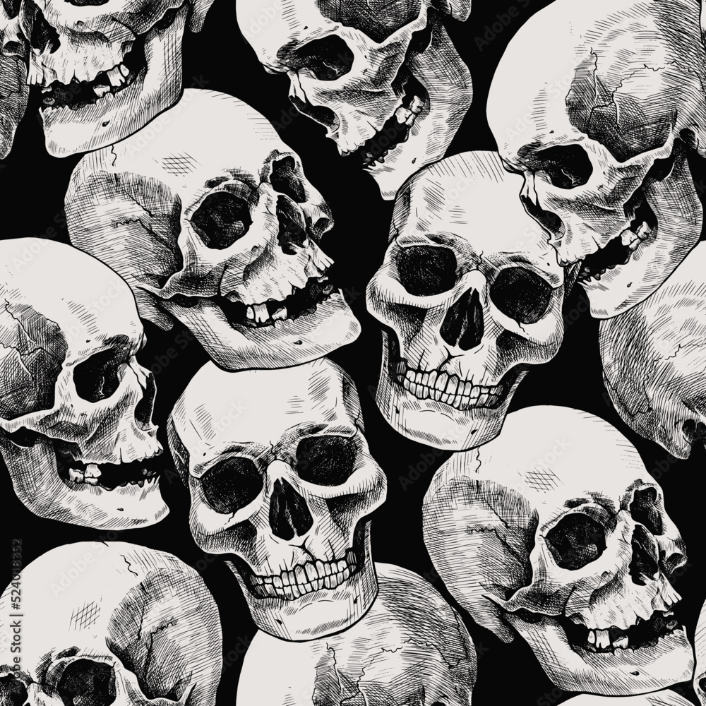 Seamless pattern of hand drawn human skulls. Vector graphic illustration.