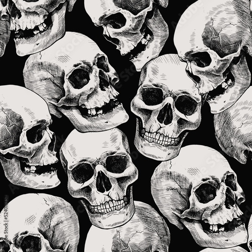 Seamless pattern of hand drawn human skulls. Vector graphic illustration.