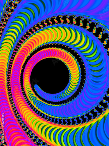 Abstract colorful psychedelic fractal illustration. Round vortex. Swirl with copy space. Beautiful spiral.