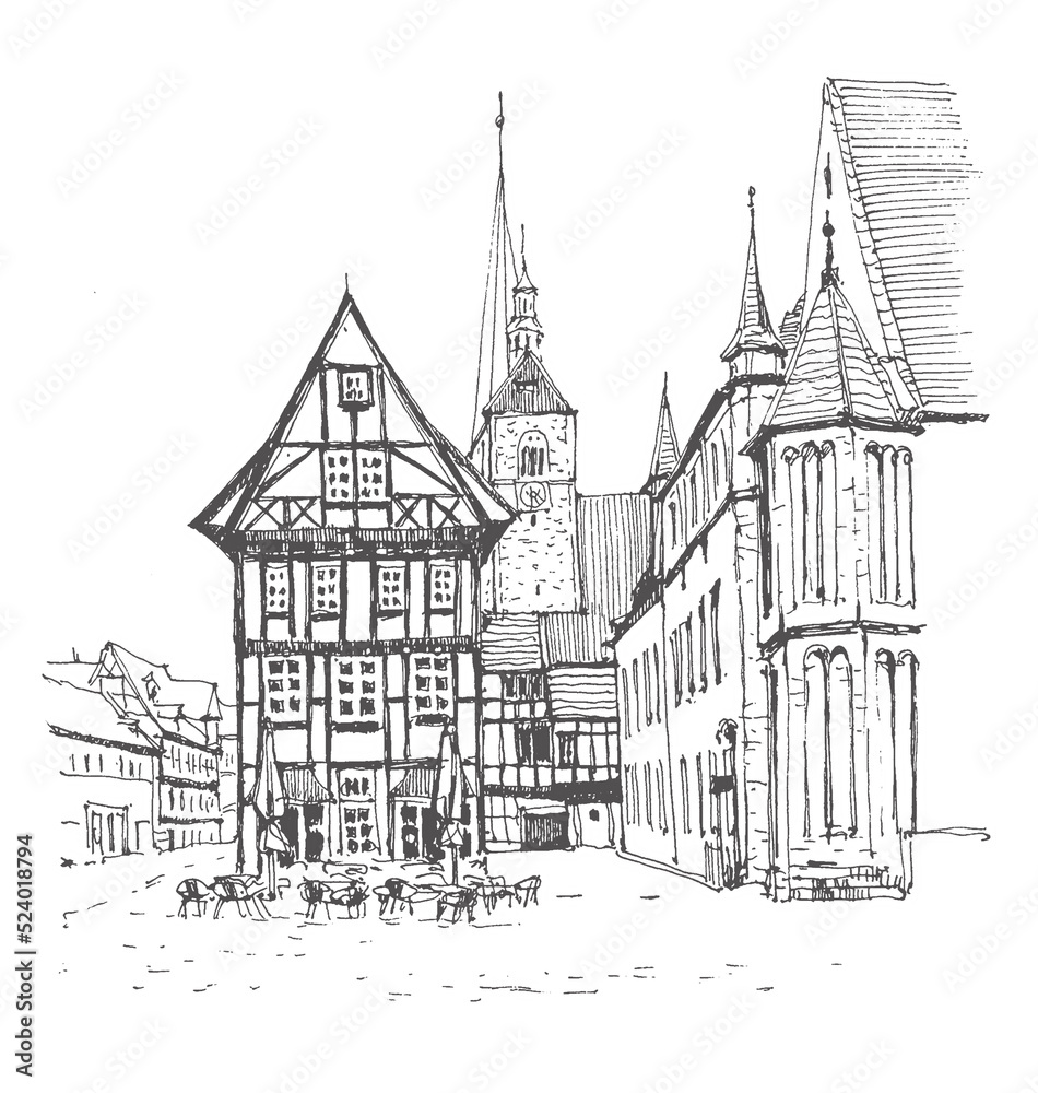 Travel sketch of Quedlinburg, Germany. Hand drawing of the old town and a street cafe. German houses line art. Hand drawn travel postcard. Urban sketch in black color isolated on a white background.