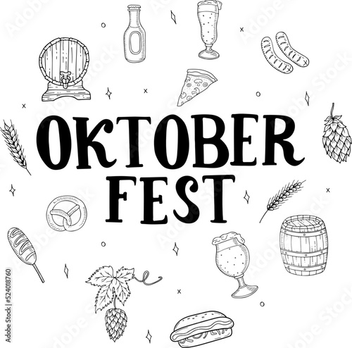 Hand drawn icon set such as beer, barrel, pretzel and more. Vector illustration, doodle style. Lettering Oktoberfest.