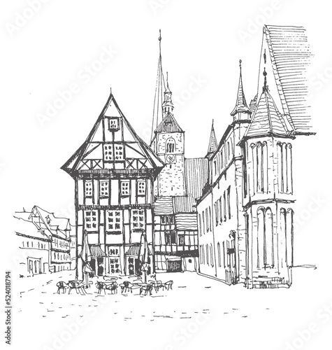 Travel sketch of Quedlinburg  Germany. Hand drawing of the old town and a street cafe. German houses line art. Hand drawn travel postcard. Urban sketch in black color isolated on a white background.