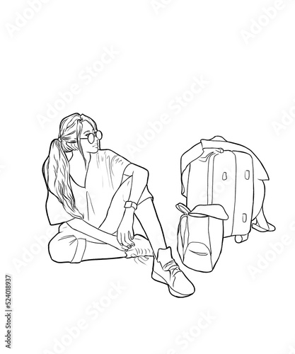 A girl with luggage is waiting for a trip. A woman is sitting next to the bags. A young tourist in a pink tracksuit. Illustration