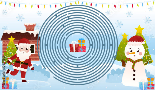 Christmas riddle for kids with Santa Claus skiing, cute snowman waving, circle maze game, printable worksheet