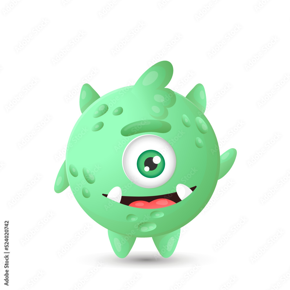 Funny round green cartoon monster with one eye waving paw for children's Halloween decorations Funny round green cartoon monster with one eye waving paw for children's Halloween decorations