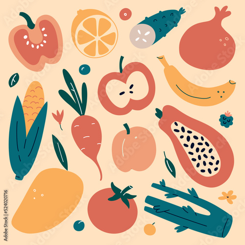 Fruit and vegetable doodle icons collection, vector illustrations of apple, corn, tomato, isolated colored clipart on beige background, healthy organic food, colored garden tasty exotic fruits and veg