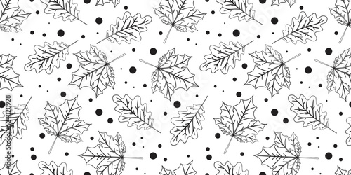 Leaves pattern. Seamless pattern with black autumn leaves on white background.