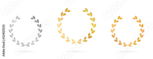 Vintage Emblem Gold Bronze Silver Champion Prize Certificate. Laurel Wreath for Winner Icon Set. Award Victory Circle Leaf Olive Branch Greek Icon. Decoration Isolated Vector Illustration
