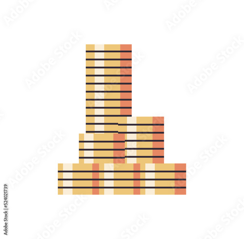 Coins stack and coins money stacked, golden penny cash pile, treasure stack flat vector illustration.