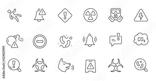 Danger warn attention icon set. Line alert, caution, chemical biohazard icon. Thin line editable stroke sign. Vector illustration.