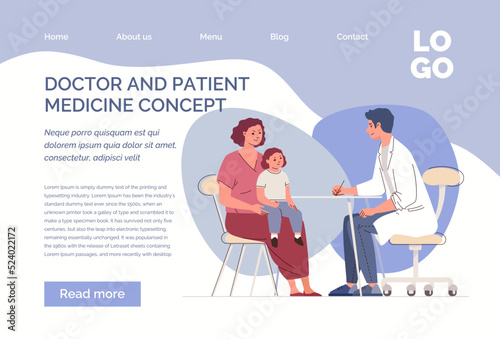 Concept of motherhood and childhood. Mother and child at Predator's reception. Planned visit to specialist. Website, template, landing page.Characters of illustration flat cartoon vector.