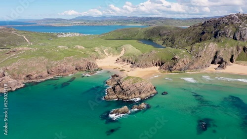 Aerial view of the Murder Hole beach, officially called Boyeeghether Bay in County Donegal, Ireland photo