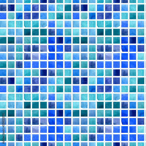 Watercolor blue green square mosaic seamless pattern. Illustration on white background. For fabric, sketchbook, wallpaper, wrapping paper.