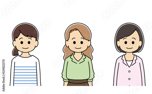 大人　笑顔　女性　表情　上半身　イラスト

