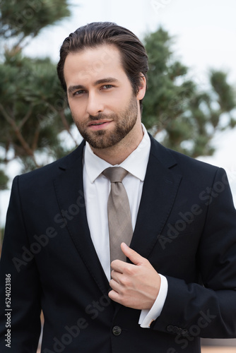 Portrait of young bearded groom looking at camera outdoors.