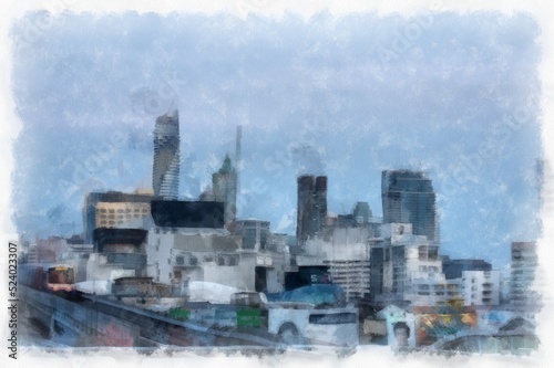 big city landscape watercolor style illustration impressionist painting.