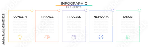 Thin line infographic elements concept design vector with icons. Business workflow network project template for presentation and report.