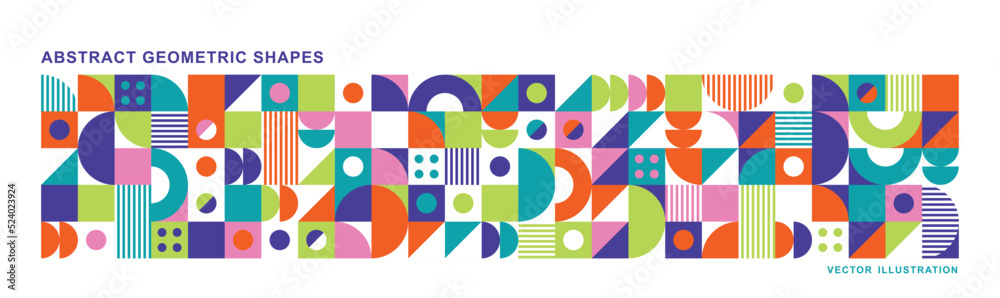 Abstract modern background with geometric shapes. Squares, circles, triangles, stripes. Bauhaus style. Set with graphic elements. Seamless pattern. Design in minimal flat style. Vector illustration.