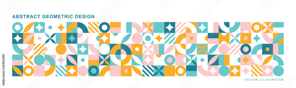 Abstract modern background with geometric shapes. Squares, circles, triangles, stripes. Bauhaus style. Set with graphic elements. Seamless pattern. Design in minimal flat style. Vector illustration. Abstract modern background with geometric shapes. Squares, circles, triangles, stripes. Bauhaus style. Set with graphic elements. Seamless pattern. Design in minimal flat style. Vector illustration.
