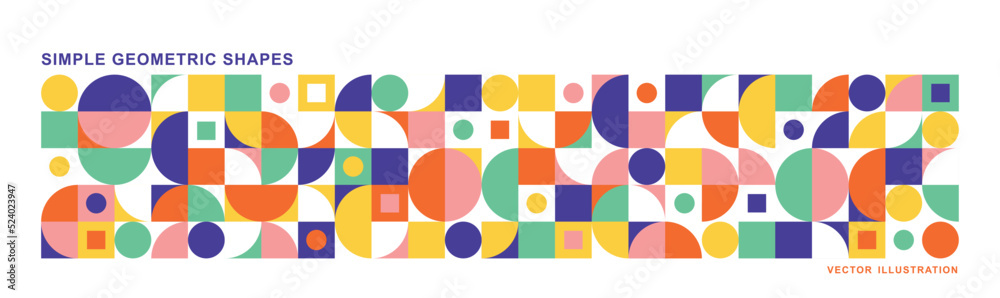 Abstract modern background with geometric shapes. Squares, circles, triangles, stripes. Bauhaus style. Set with graphic elements. Seamless pattern. Design in minimal flat style. Vector illustration.