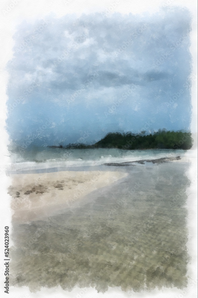 Seaside landscape fishing village and beach watercolor style illustration impressionist painting. Seaside landscape fishing village and beach watercolor style illustration impressionist painting.