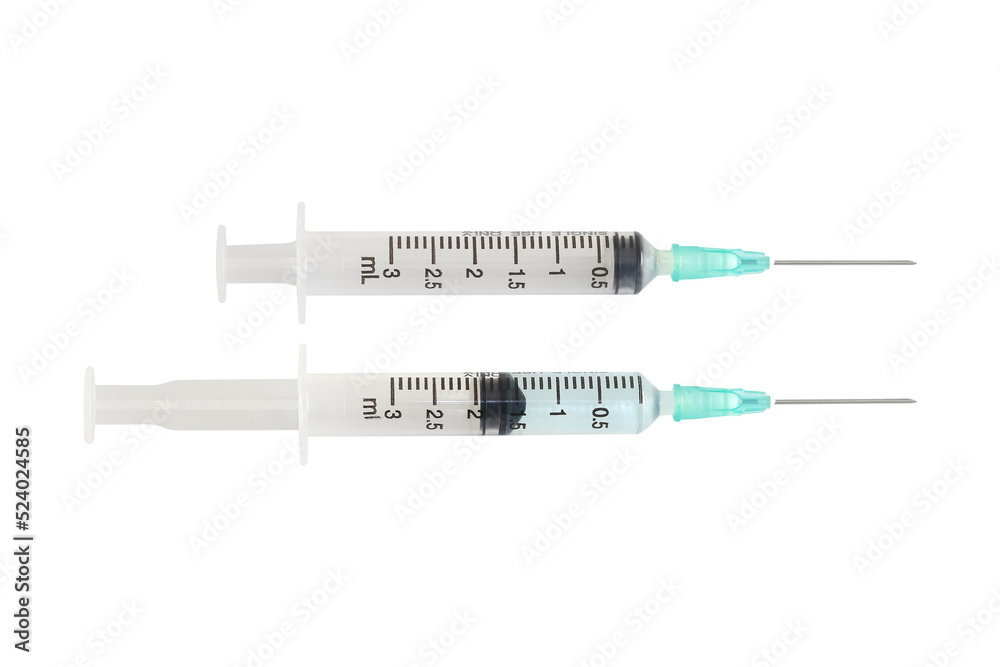Medical syringe with transparent medicine, with needle isolated on white background with clipping path include for design usage purpose. Medical syringe with transparent medicine, with needle isolated on white background with clipping path include for design usage purpose.