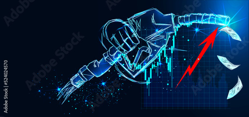 Fuel crisis and expensive prices. Fossil energy value financial increasing, vector illustration. Car refill costs rising.  Polygon wireframe business concept.