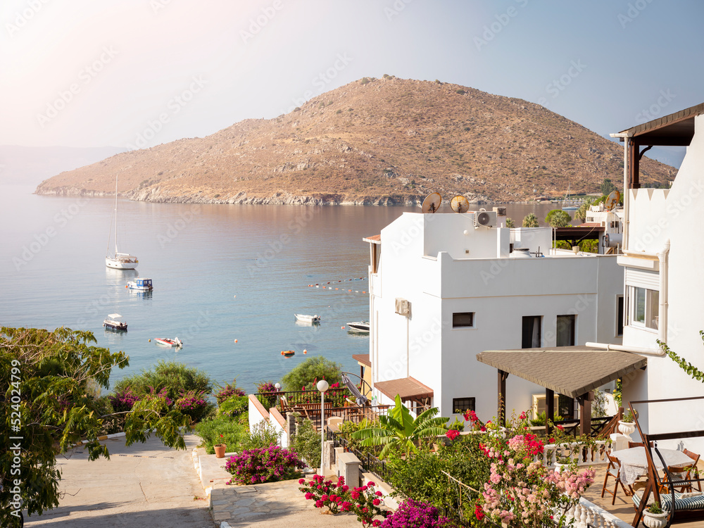 View of Bodrum Beach, Aegean sea, traditional white houses, flowers, marina, sailing boats, yachts in Bodrum town Turkey.