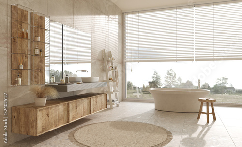 Mock up in bathroom near panoramic window in Balinese interior. 3d render illustration. Modern bath in scandinavian apartment.