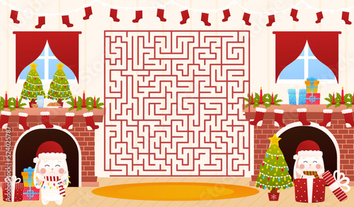 Christmas riddle for kids with cute christmas bunnies, labyrinth maze game, printable worksheet for children