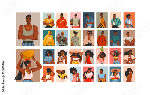 Hand drawn vector abstract graphic illustrations collection set with young happy black afro american beauty women and men group lifestyle avatar,summer boho style.People face avatar concept design.