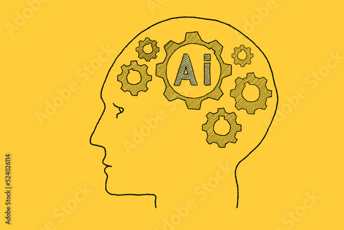 Human brain shape from rotating gears inside of human head on yellow. Artificial intelligence concept.