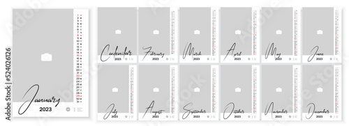 Wall Monthly Photo Calendar 2023. Simple monthly vertical photo calendar Layout for 2023 year in English. Cover Calendar, 12 months templates. Week starts from Sunday Monday. Vector illustration