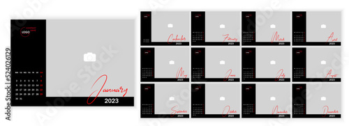 Desktop Monthly Photo Calendar 2023. Simple monthly horizontal photo calendar Layout for 2023 year in English. Cover Calendar, 12 months templates. Week starts from Monday. Vector illustration