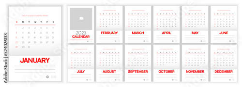 Wall Monthly Photo Calendar 2023. Simple monthly vertical photo calendar Layout for 2023 year in English. Cover Calendar, 12 months templates. Week starts from Monday. Vector illustration