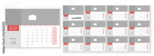 Desktop Monthly Photo Calendar 2023. Simple monthly horizontal photo calendar Layout for 2023 year in English. Cover Calendar Template and 12 monthes templates. Week starts from Monday. Vector