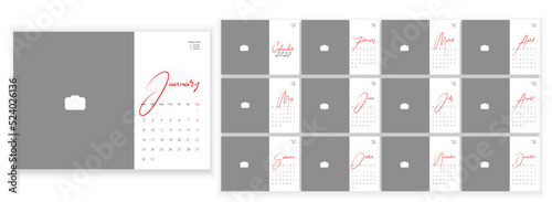 Desktop Monthly Photo Calendar 2023. Simple monthly horizontal photo calendar Layout for 2023 year in English. Cover Calendar, 12 months templates. Week starts from Monday. Vector illustration