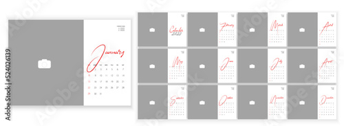 Desktop Monthly Photo Calendar 2023. Simple monthly horizontal photo calendar Layout for 2023 year in English. Cover Calendar, 12 months templates. Week starts from Sunday. Vector illustration